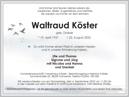 Traueranzeige von Waltraud Köster von Ruhr Nachrichten