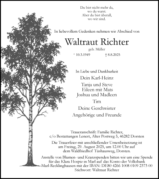 Traueranzeige von Waltraut Richter von Ruhr Nachrichten und Dorstener Zeitung
