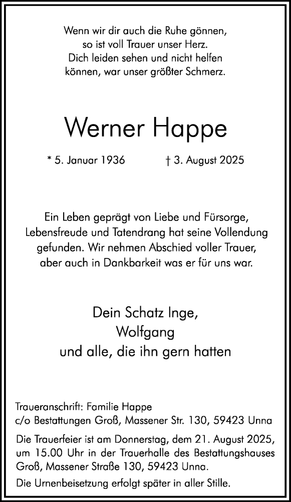  Traueranzeige für Werner Happe vom 09.08.2025 aus Hellweger Anzeiger