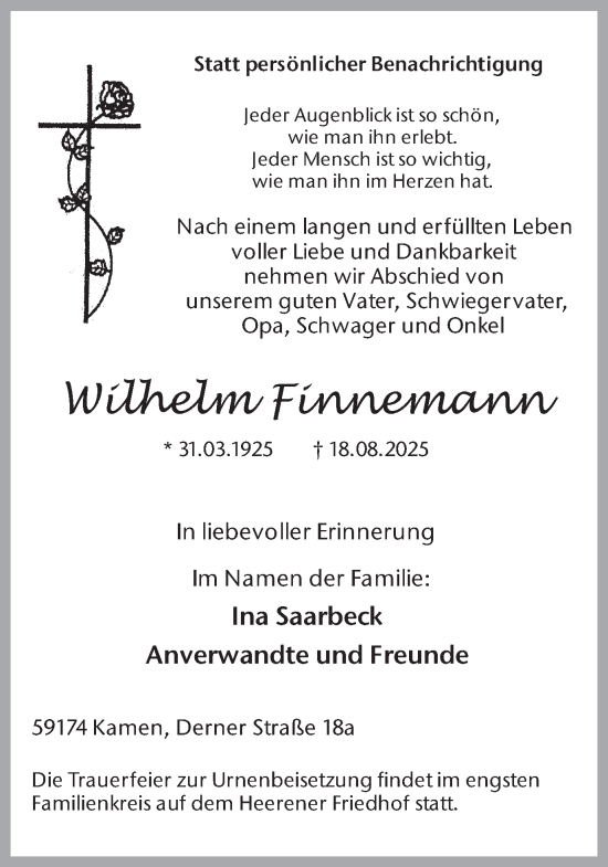 Traueranzeige von Wilhelm Finnemann von Hellweger Anzeiger