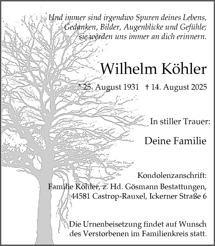  Traueranzeige für Wilhelm Köhler vom 23.08.2025 aus Stadtanzeiger Castrop-Rauxel