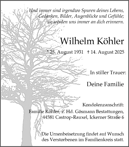 Traueranzeige von Wilhelm Köhler von Stadtanzeiger Castrop-Rauxel