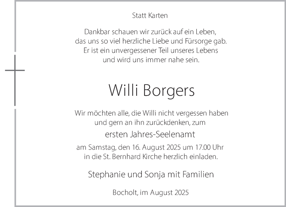  Traueranzeige für Willi Borgers vom 13.08.2025 aus 