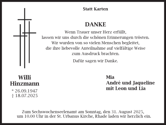 Traueranzeige von Willi Hinzmann von Ruhr Nachrichten und Dorstener Zeitung