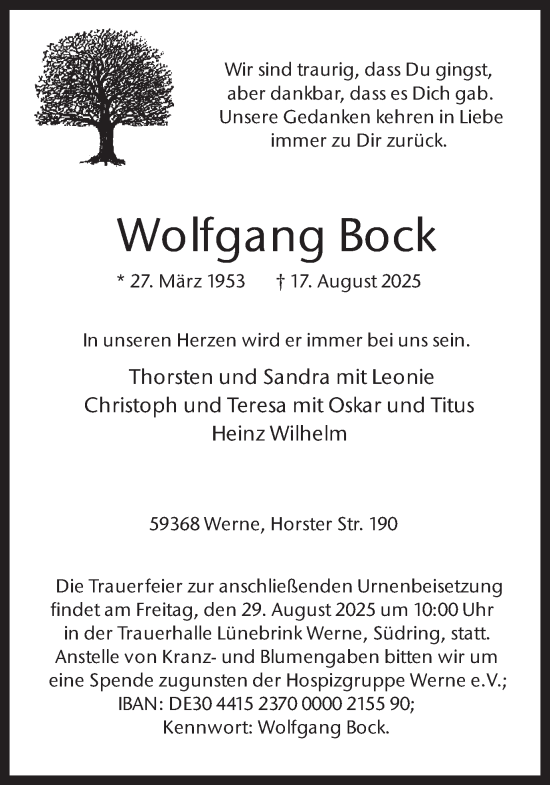 Traueranzeige von Wolfgang Bock von Ruhr Nachrichten