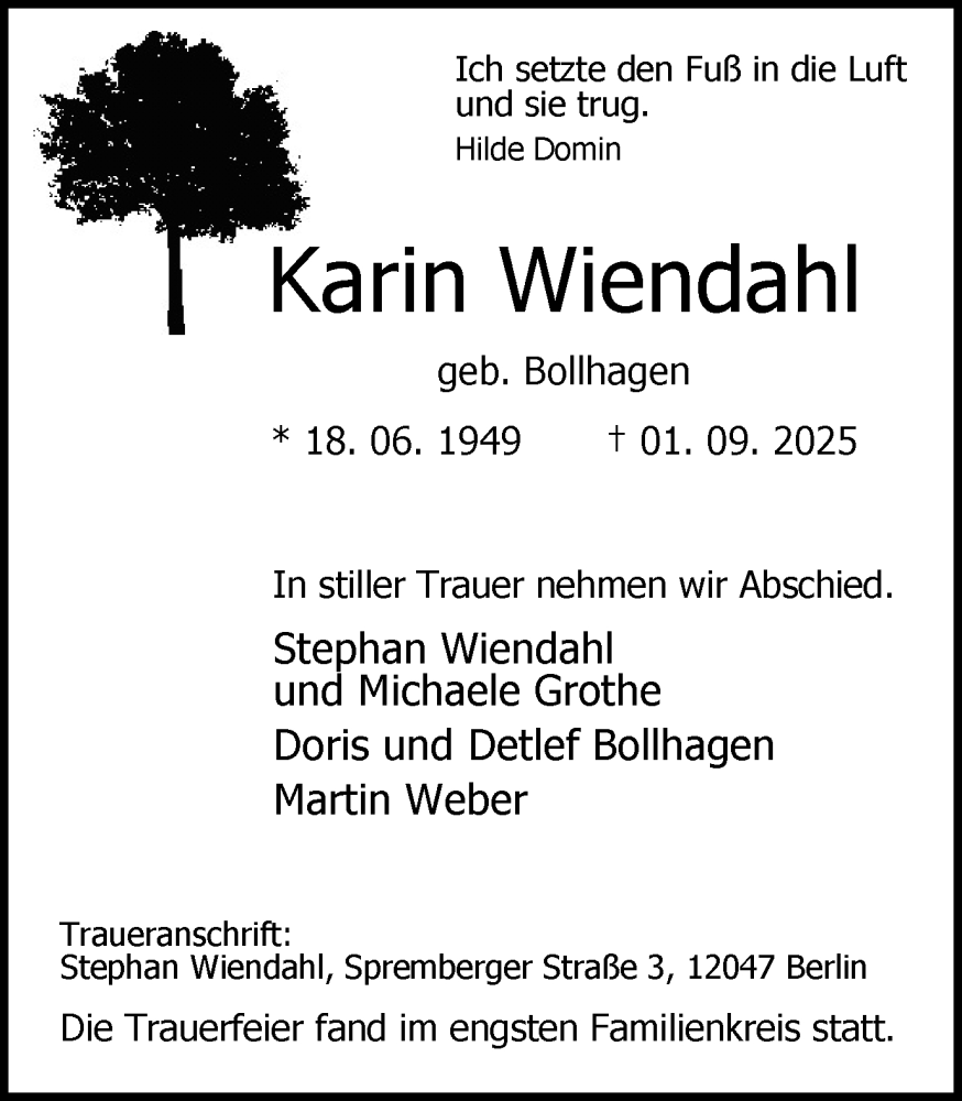  Traueranzeige für Karin Wiendahl vom 20.09.2025 aus Ruhr Nachrichten