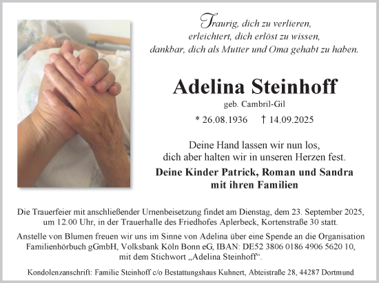 Traueranzeige von Adelina Steinhoff von Ruhr Nachrichten