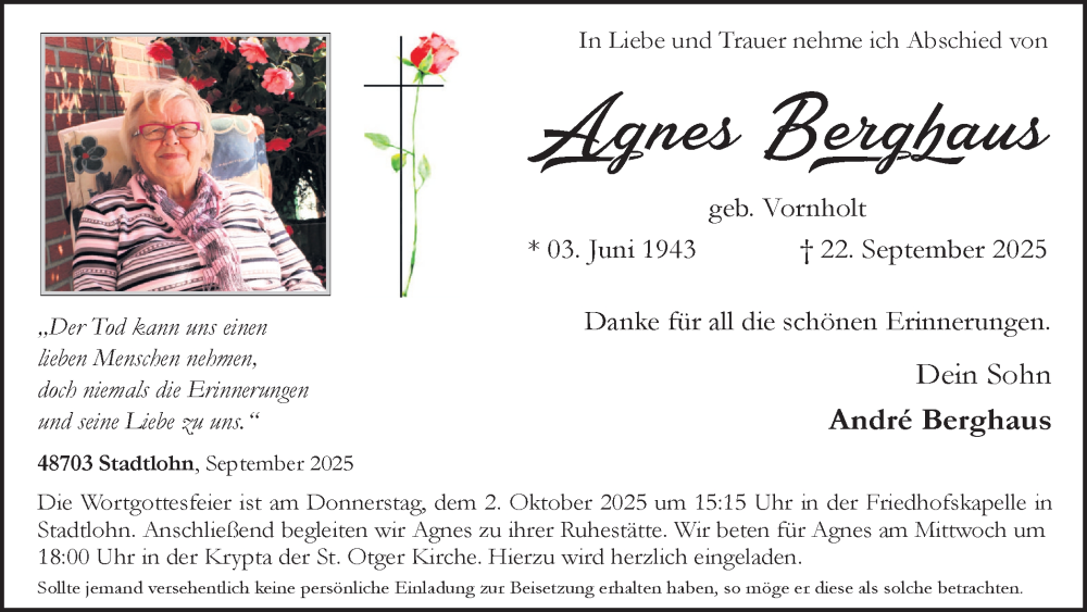  Traueranzeige für Agnes Berghaus vom 27.09.2025 aus Münsterland Zeitung