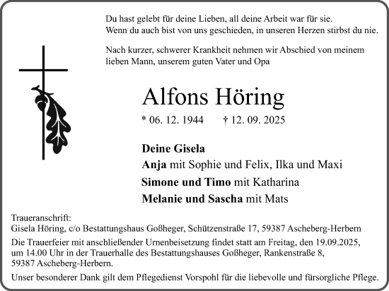 Traueranzeige von Alfons Höring von Ruhr Nachrichten