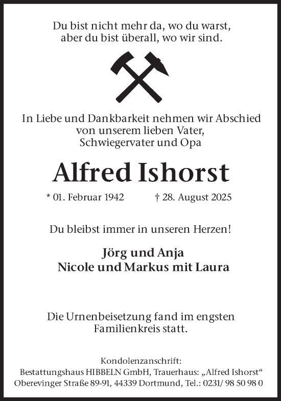 Traueranzeige von Alfred Ishorst von Ruhr Nachrichten