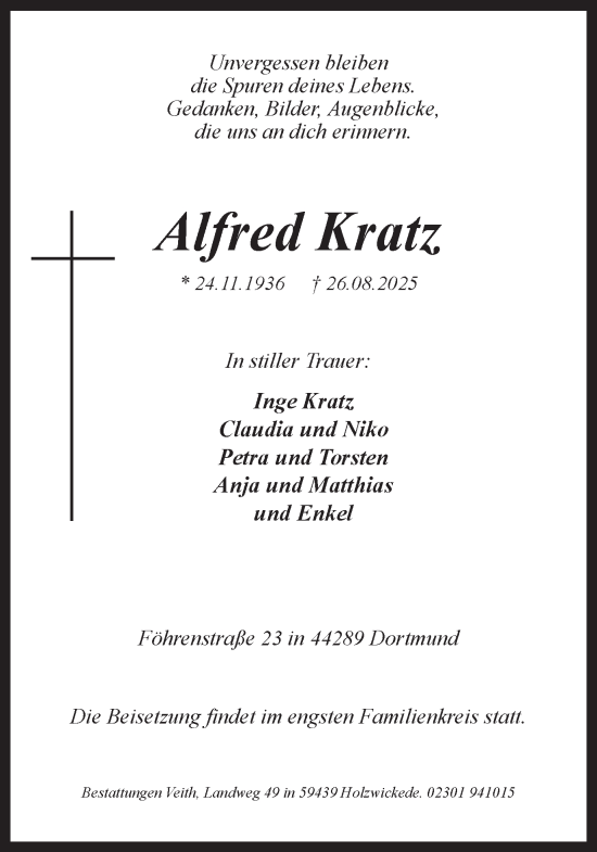 Traueranzeige von Alfred Kratz von Ruhr Nachrichten