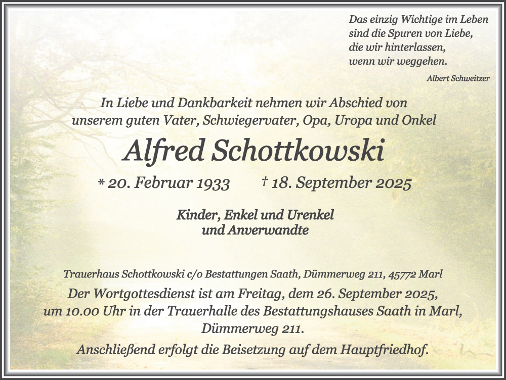  Traueranzeige für Alfred Schottkowski vom 24.09.2025 aus Trauer Vest