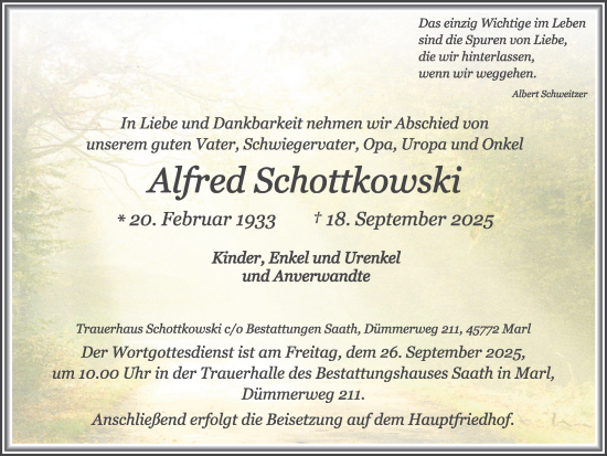 Traueranzeige von Alfred Schottkowski von Trauer Vest