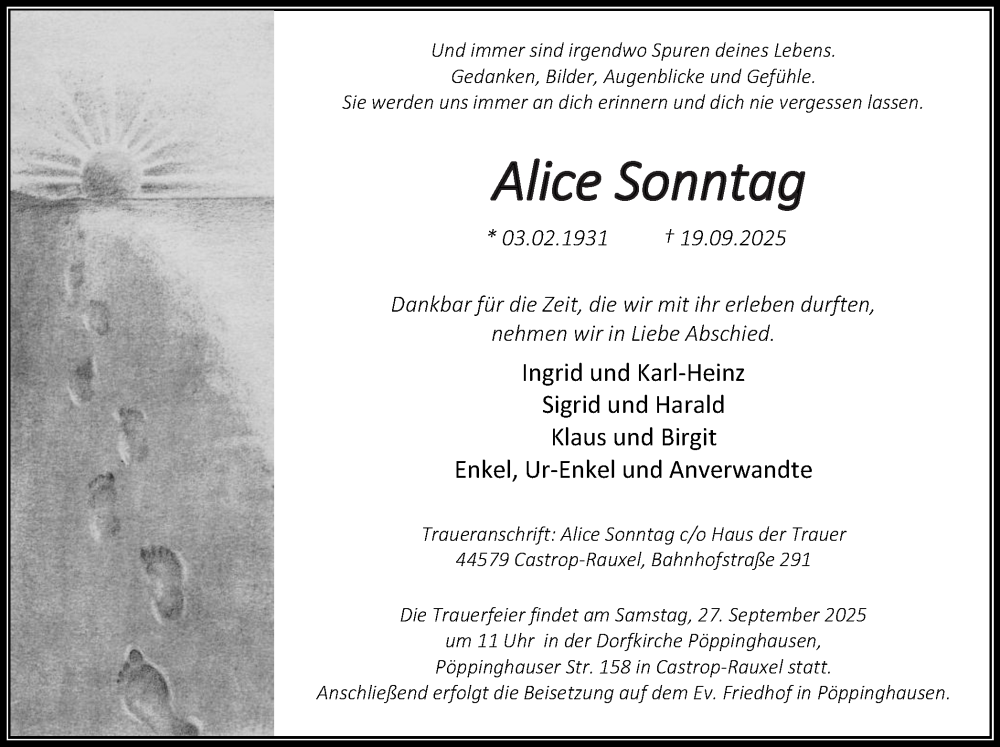  Traueranzeige für Alice Sonntag vom 27.09.2025 aus Stadtanzeiger Castrop-Rauxel