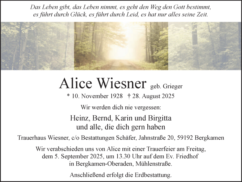  Traueranzeige für Alice Wiesner vom 02.09.2025 aus Hellweger Anzeiger