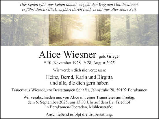 Traueranzeige von Alice Wiesner von Hellweger Anzeiger