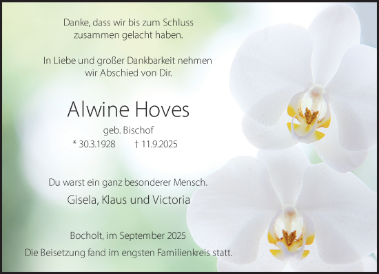 Traueranzeige von Alwine Hoves 