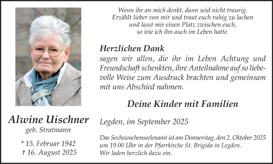 Traueranzeige von Alwine Uischner von Münsterland Zeitung