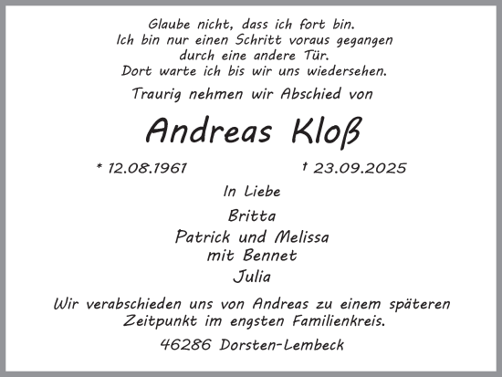 Traueranzeige von Andreas Kloß von Ruhr Nachrichten und Dorstener Zeitung