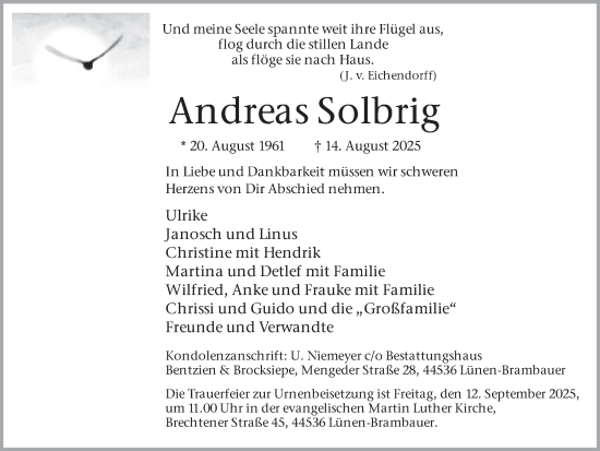 Traueranzeige von Andreas Solbrig von Lüner Anzeiger