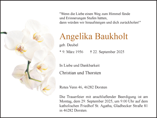 Traueranzeige von Angelika Baukholt von Ruhr Nachrichten und Dorstener Zeitung