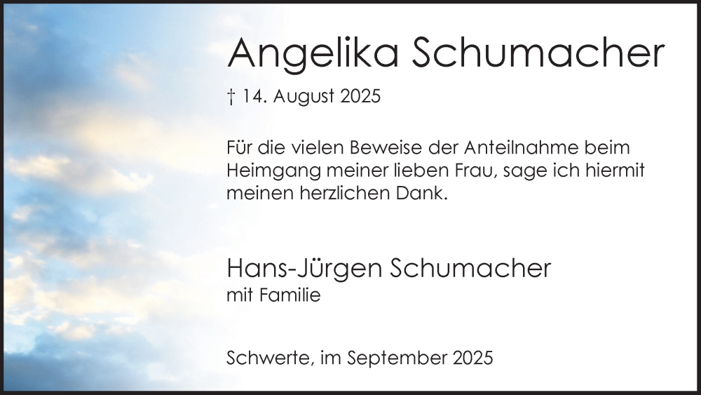  Traueranzeige für Angelika Schumacher vom 13.09.2025 aus Ruhr Nachrichten