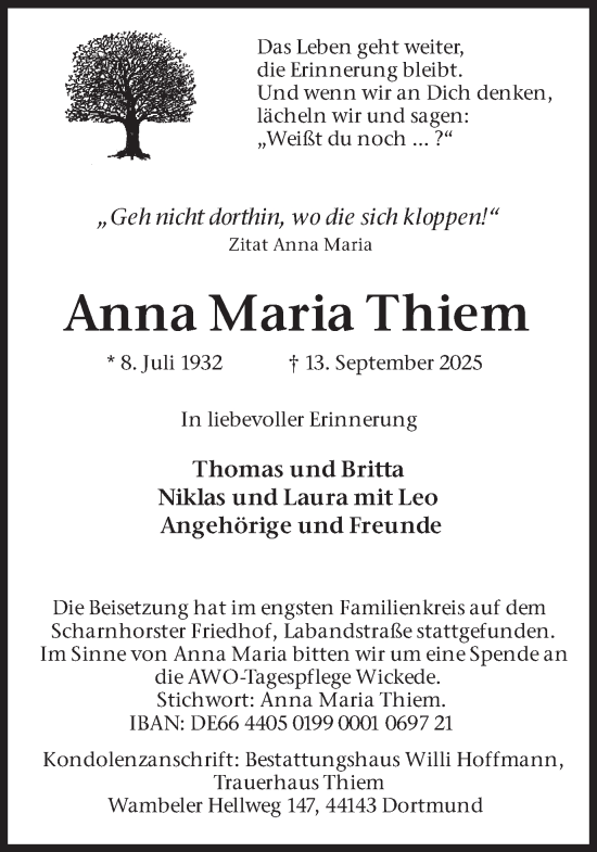 Traueranzeige von Anna Maria Thiem von Ruhr Nachrichten