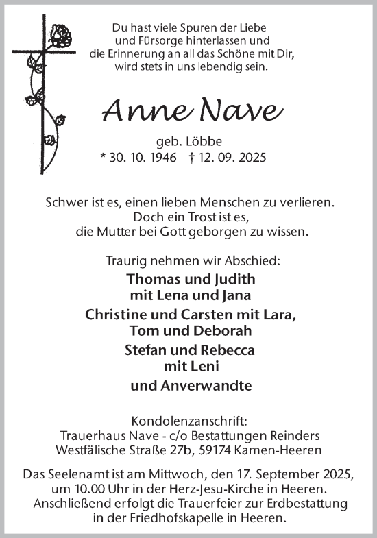 Traueranzeige von Anne Nave von Hellweger Anzeiger