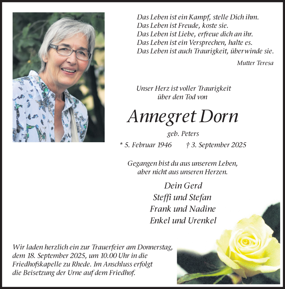  Traueranzeige für Annegret Dorn vom 13.09.2025 aus 
