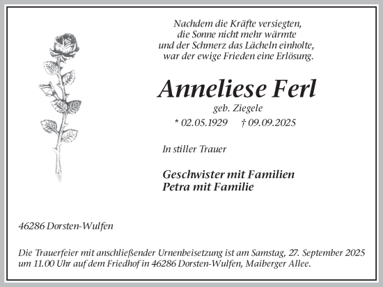 Traueranzeige von Anneliese Ferl von Ruhr Nachrichten und Dorstener Zeitung