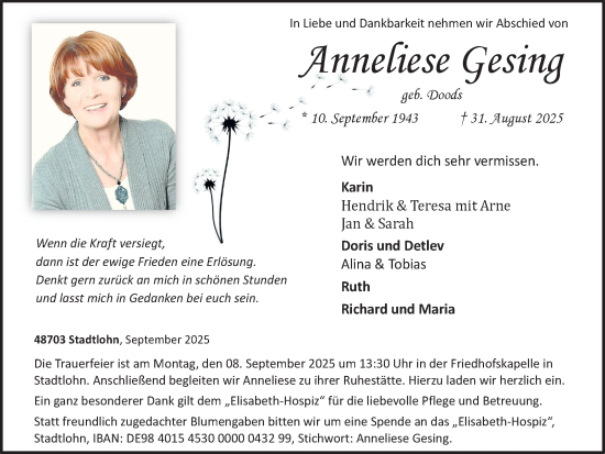Traueranzeige von Anneliese Gesing von Münsterland Zeitung