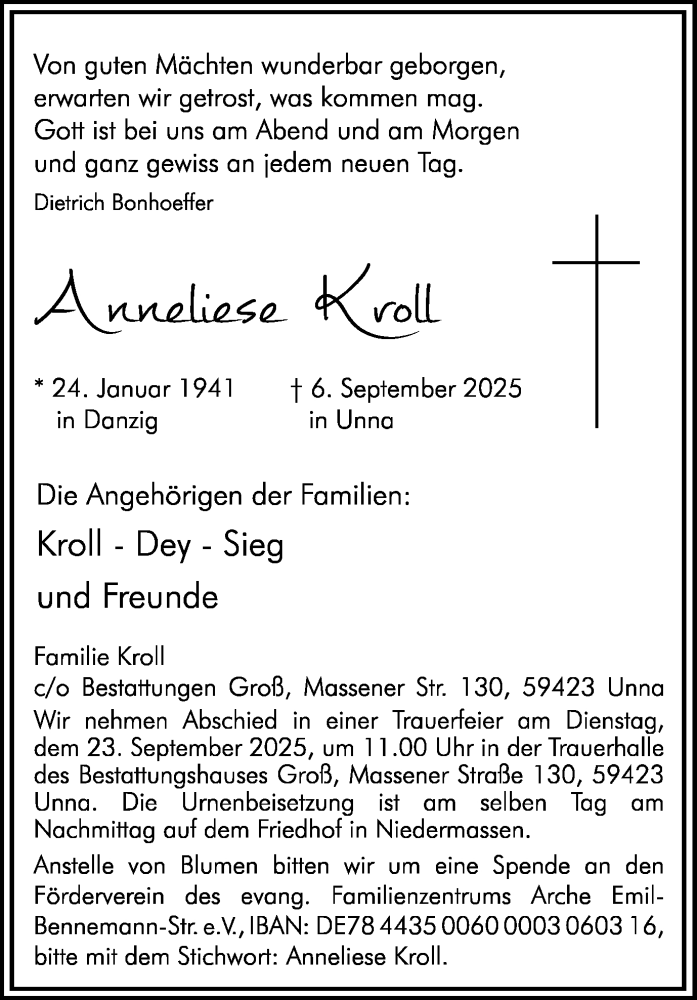  Traueranzeige für Anneliese Kroll vom 13.09.2025 aus Hellweger Anzeiger