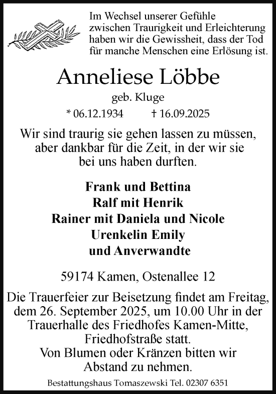 Traueranzeige von Anneliese Löbbe von Hellweger Anzeiger