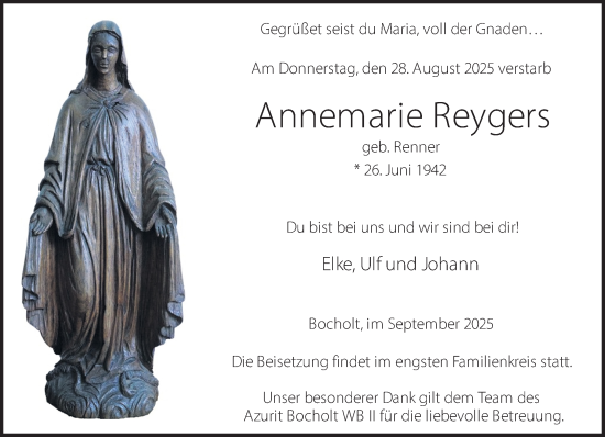Traueranzeige von Annemarie Reygers 
