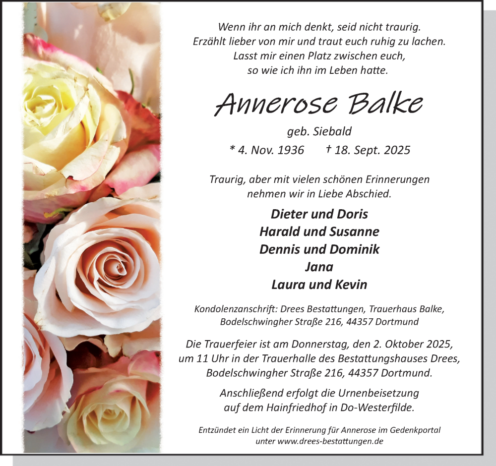  Traueranzeige für Annerose Balke vom 27.09.2025 aus Ruhr Nachrichten