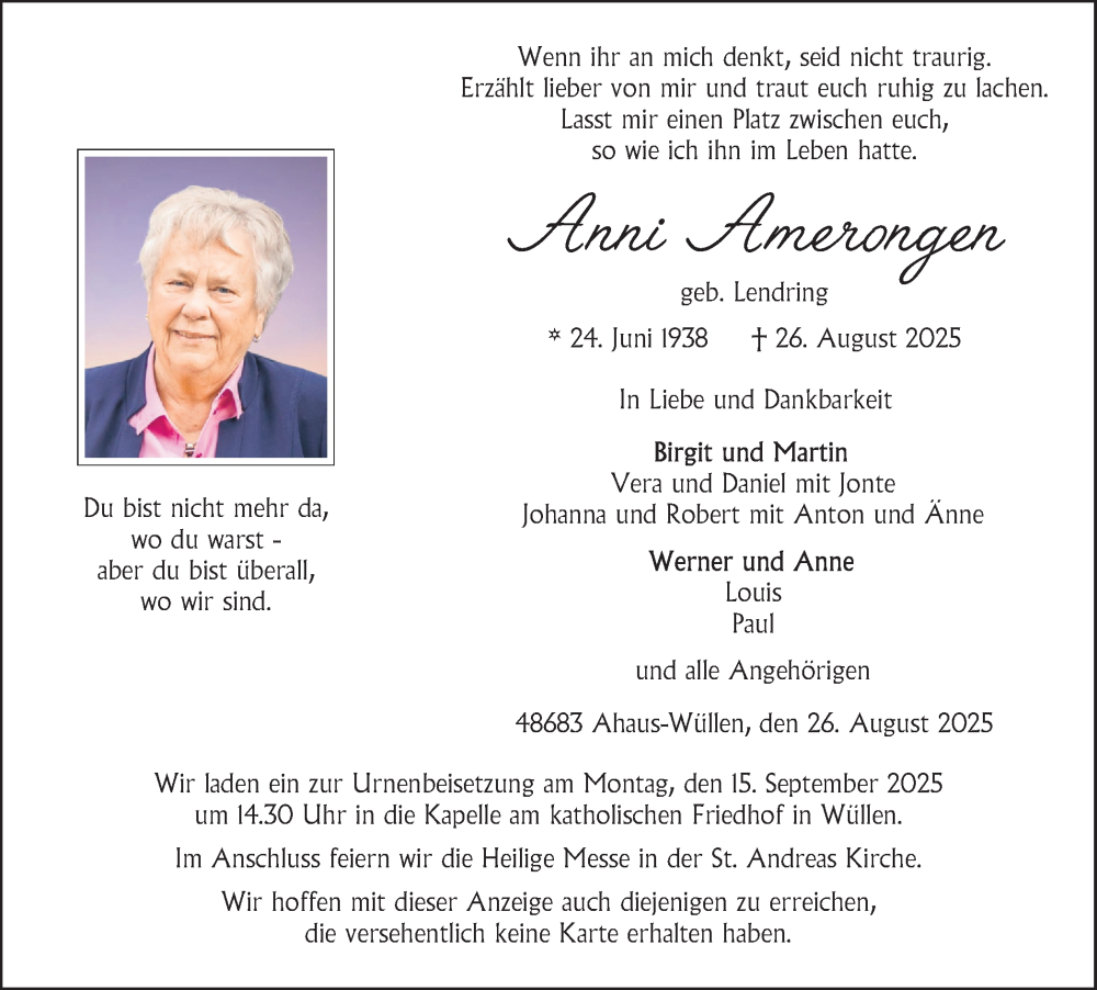 Traueranzeige für Anni Amerongen vom 06.09.2025 aus Münsterland Zeitung