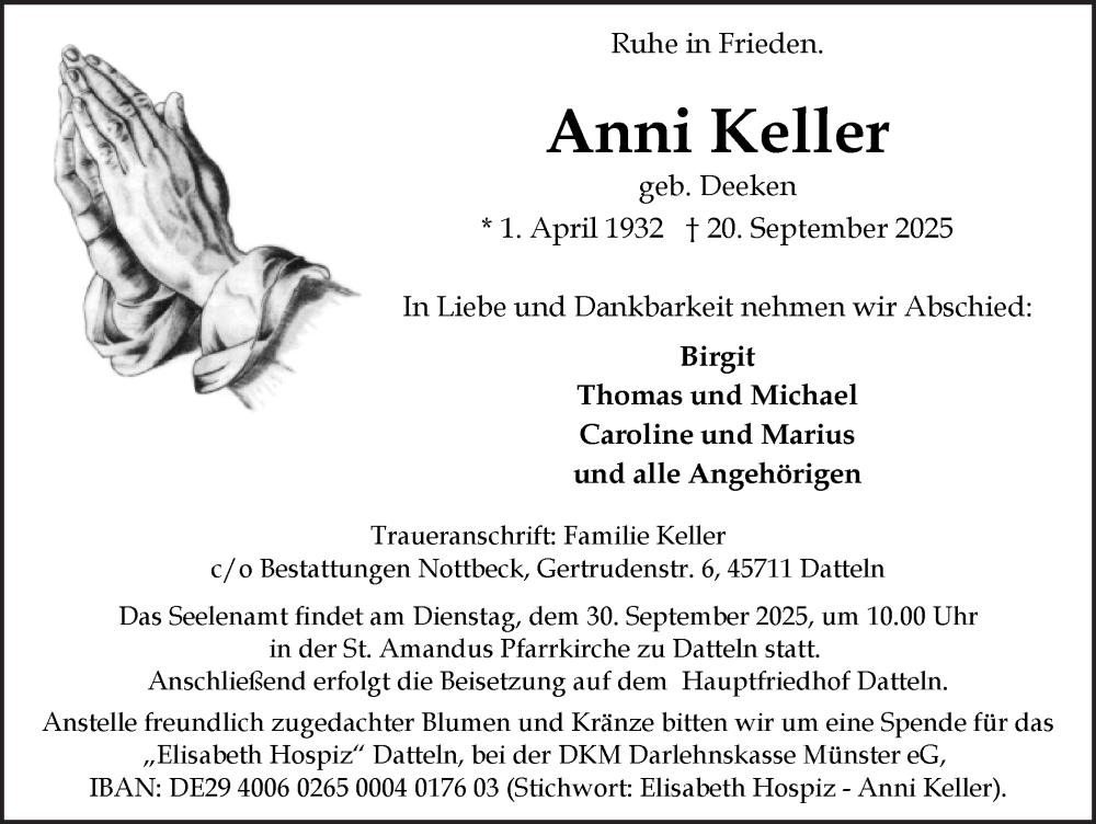  Traueranzeige für Anni Keller vom 27.09.2025 aus Trauer Vest