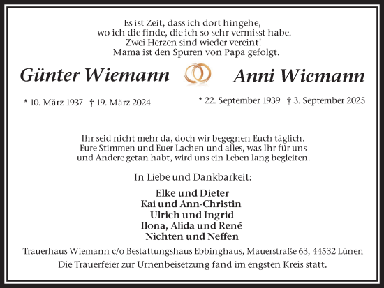 Traueranzeige von Anni und Günter Wiemann von Lüner Anzeiger