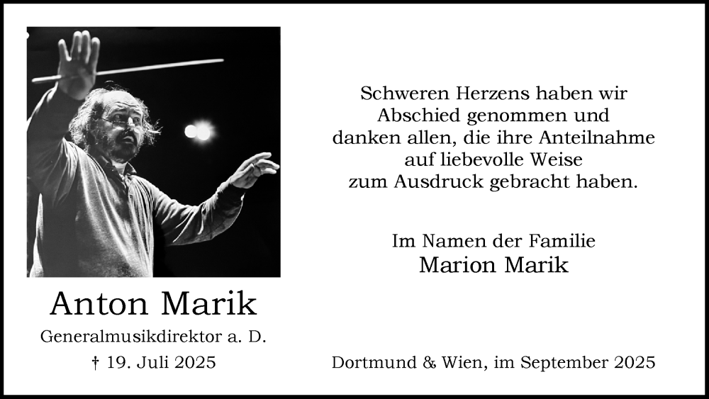  Traueranzeige für Anton Marik vom 20.09.2025 aus Ruhr Nachrichten