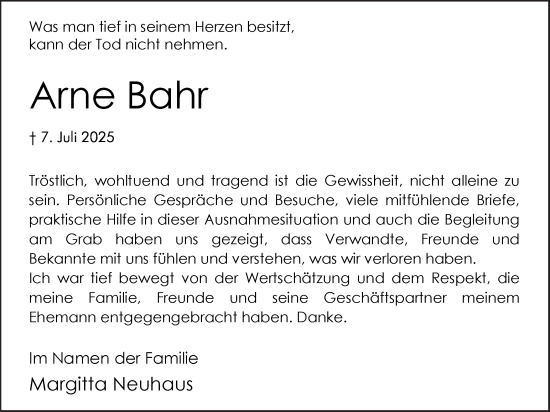 Traueranzeige von Arne Bahr von Ruhr Nachrichten