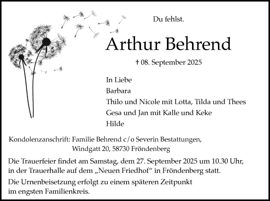 Traueranzeige von Arthur Behrend von Hellweger Anzeiger