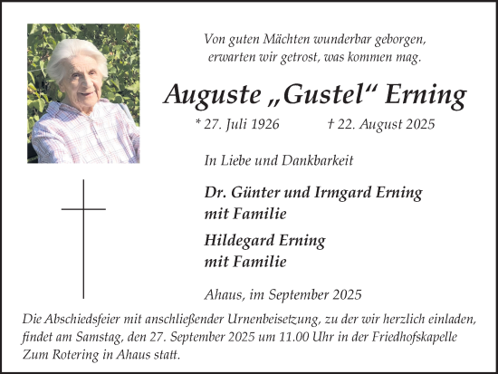 Traueranzeige von Auguste Erning von Münsterland Zeitung