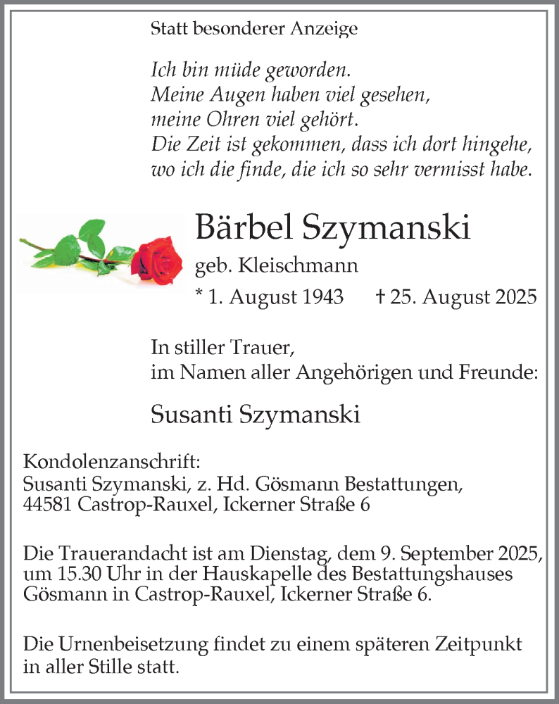  Traueranzeige für Bärbel Szymanski vom 06.09.2025 aus Stadtanzeiger Castrop-Rauxel
