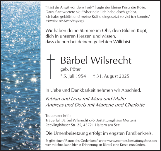 Traueranzeige von Bärbel Wilsrecht von Ruhr Nachrichten und Halterner Zeitung