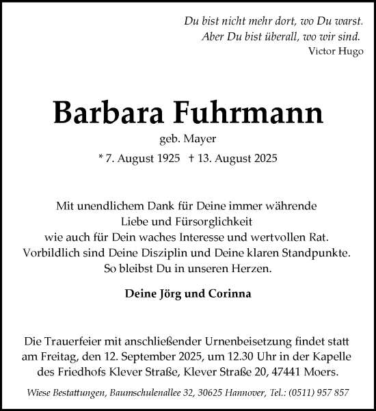 Traueranzeige von Barbara Fuhrmann 