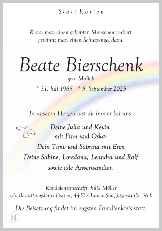 Traueranzeige von Beate Bierschenk von Lüner Anzeiger