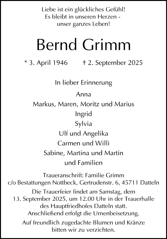  Traueranzeige für Bernd Grimm vom 10.09.2025 aus Trauer Vest