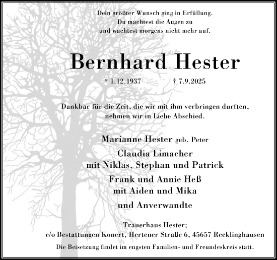 Traueranzeige von Bernhard Hester von Trauer Vest