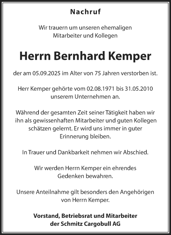 Traueranzeige von Bernhard Kemper von Münsterland Zeitung
