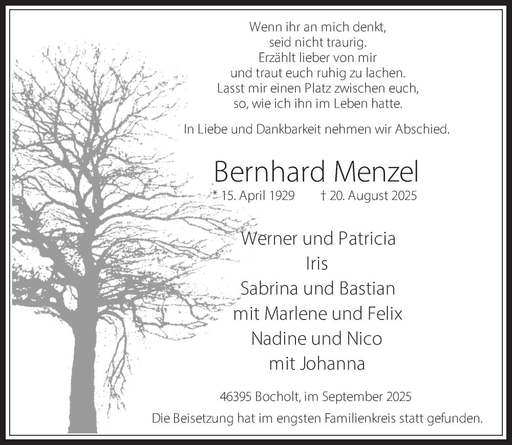  Traueranzeige für Bernhard Menzel vom 05.09.2025 aus 